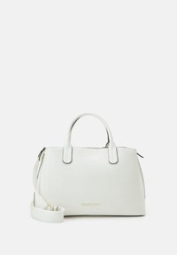 White leather handbag with a crocodile texture, structured shape, dual handles, gold logo, and adjustable shoulder strap.