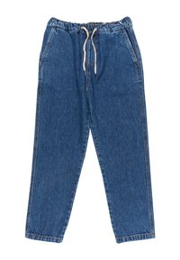 Blauwe denim jogger broek met elastische tailleband en witte trekkoord, voorzien van zijzakken in een relaxte pasvorm.