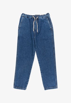 Niebieskie dżinsowe jogger pants z elastycznym paskiem w talii i białym sznurkiem, z bocznymi kieszeniami w luźnym kroju.