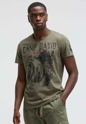 V-NECK IM USED LOOK MIT PHOTOPRINT - T-Shirt print - vintage khaki