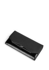 Black leather rectangular wallet with a flap closure featuring a triangular metallic detail and embossed logo on a white background.