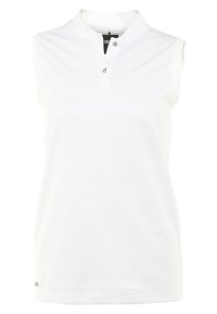 Polo blanc sans manches avec un motif texturé, un col et deux boutons au niveau du cou. Confectionné en tissu léger et respirant.