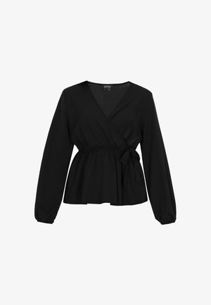 Blusa nera avvolgente con maniche lunghe, scollatura a V, vita elasticizzata e dettaglio con fiocco sul lato. Tessuto liscio con una texture leggera.