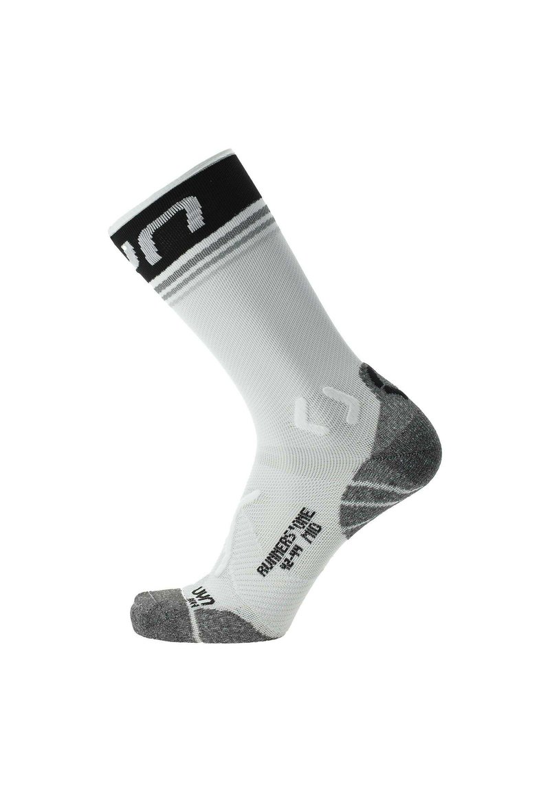 White athletic sock with black band at the top, grey heel and toe, textured fabric, and reinforced areas for durability.
