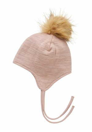 Light pink knit hat with ear flaps, ties, and a fluffy tan pom-pom on top. Soft texture with a smooth finish.