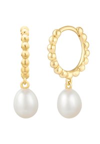 Zelta auskari ar teksturētu pērlīšu dizainu, ar baltu ovālu pērli kā piekariņu. Izturīga aizdare.