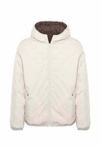 Giacca a vento imbottita con cappuccio in beige chiaro, con zip frontale, polsini elasticizzati e fodera interna marrone per un calore aggiuntivo. Design casual.