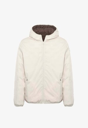 Giacca a vento imbottita con cappuccio in beige chiaro, con zip frontale, polsini elasticizzati e fodera interna marrone per un calore aggiuntivo. Design casual.