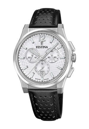 Orologio cronografo Festina con quadrante bianco testurizzato, tre sottoquadranti, indicatori argentati, cinturino in pelle nera traforata e datario alle ore 6.