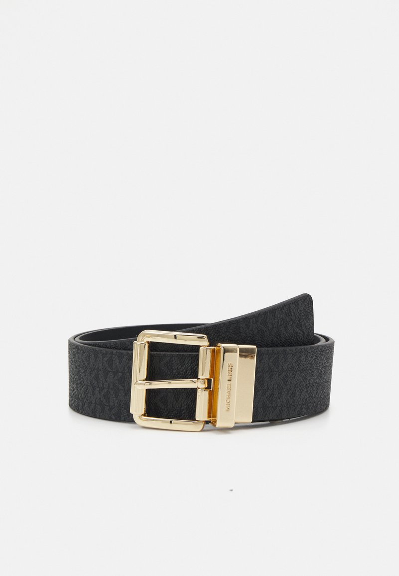 Black leather belt featuring a gold-tone double-prong buckle, embossed logo pattern, and smooth texture. Classic design with adjustable length.