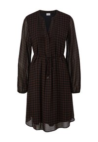 Zwarte jurk met een subtiel bruin geometrisch patroon, lange doorzichtige mouwen, een ronde halslijn en een taille met trekkoord. Zacht, vloeiend stof.