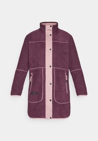 Fleeces mētelis tumši violetā krāsā ar gaiši rozā priekšējo paneli un akcentiem. Iespējams, slēdzami pogas un divas sānu kabatas ar rāvējslēdzējiem.