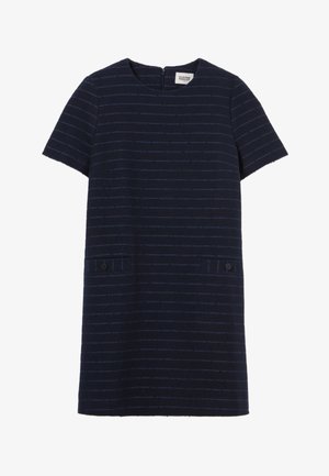 Abito navy a maniche corte con strisce orizzontali, due tasche frontali e una cerniera sul retro. Texture liscia e silhouette strutturata.