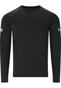 Zwart sportshirt met lange mouwen, gemaakt van glad synthetisch materiaal. Heeft een ronde hals en subtiele logoaccenten op de mouwen.