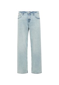 Lichtblauwe wijde jeans van denim, met een klassiek vijf-pocketontwerp, een rits en subtiele vervaging op de stof.