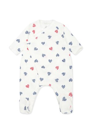 Witte baby romper met een patroon van rode en marineblauwe gestreepte hartvormen. Lange mouwen met afgeronde voetjes en een wikkelontwerp.