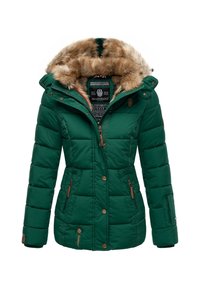 Grön puffjacka med en huva som är fodrad med konstpäls, dragkedjefickor på sidorna och bruna detaljer. Kvadroliknande design med en kroppsnära silhuett.