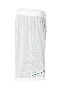 Witte mesh shorts met een geperforeerde textuur, met een elastische tailleband en een groene accentlijn langs de zoom.