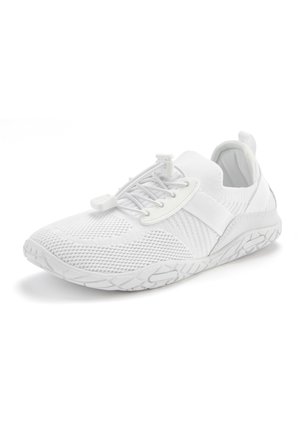 White athletic shoe with a mesh upper, elastic laces, and a textured sole. Features a flexible design and a pull tab at the heel for easy wear.