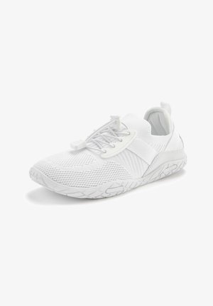 White athletic shoe with a mesh upper, elastic laces, and a textured sole. Features a flexible design and a pull tab at the heel for easy wear.