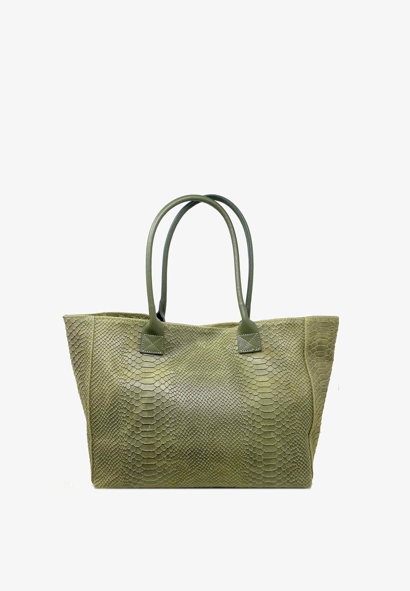 Torebka tote w oliwkowym kolorze z teksturowanym wzorem węża, z podwójnymi rączkami i prostokątnym kształtem, wykonana z wytrzymałego materiału.