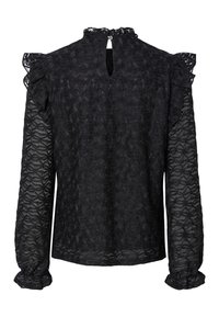 Svart langermet bluse laget av teksturert stoff med volangdetaljer. Nøkkelhullbakside og sammenkrøpte mansjetter. Mønstret design gjennom hele.