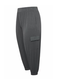 Grijze elastische broek met zijzakken en een cargozak. Heeft een relaxed fit met taps toelopende enkels en een zachte stoftextuur.