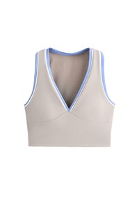 Top court beige sans manches avec un décolleté en V profond et un bord bleu clair autour du col et des emmanchures, présenté sur fond blanc.
