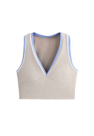 Mouwloze beige cropped top met diepe V-halslijn en lichtblauwe biezen rondom de hals en armsgaten, getoond op een witte achtergrond.