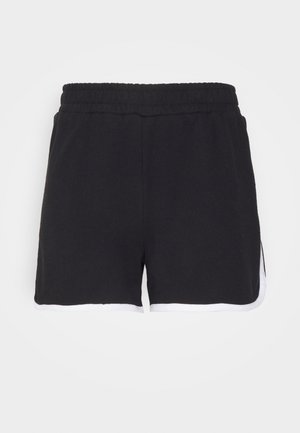 Bermudas atléticas pretas feitas de algodão, com uma cintura elástica, detalhes brancos nas laterais e um corte descontraído com pequenas fendas laterais.
