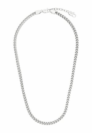 Srebrny naszyjnik z łańcuszkiem o splatanym wzorze i zapięciem typu karabińczyk oraz regulowanym przedłużeniem łańcuszka.