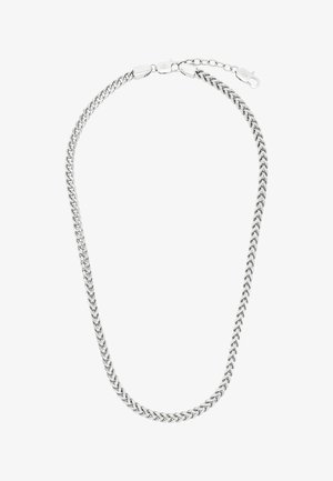 Collana a catena color argento con design a maglie intrecciate e chiusura a moschettone con catena di estensione regolabile.