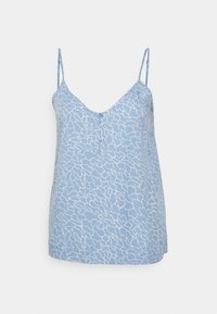 Světle modrý top na ramínka s bílým abstraktním vzorem, V-výstřihem, tenkými nastavovacími ramínky a detailem se třemi knoflíky vpředu.