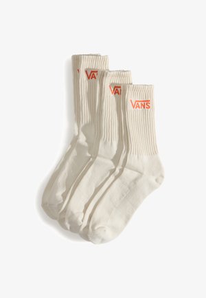 Witte katoenen sokken met een geribbelde textuur, met een oranje "VANS" logo op de boord. Set van drie paar met een klassieke crew length ontwerp.