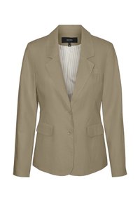 Beige blazer made of smooth fabric, featuring a notched lapel, two front pockets, and a single button closure. Lined with a striped pattern.