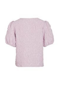 Blusa lilla testurizzata con maniche corte a sbuffo, vestibilità rilassata e scollatura rotonda. La vista posteriore rivela un motivo di tessuto increspato.