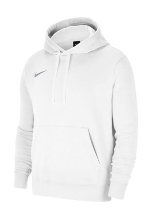 Biała bluza z kapturem z długim rękawem, przednia kieszeń kangur, kaptur ze ściągaczem oraz małe szare logo Nike swoosh po lewej stronie klatki piersiowej.