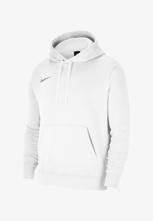 Bílá mikina s dlouhým rukávem s kapsou kangaroo vpředu, kapucí se stahovací šňůrkou a malým šedým logem Nike Swoosh na levé straně hrudi.