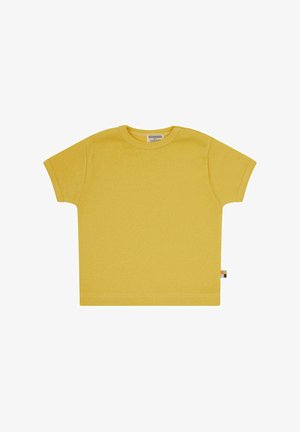T-shirt di cotone giallo con maniche corte, scollatura rotonda e un piccolo etichetta multicolore di lato. Tessuto liscio e vestibilità rilassata.