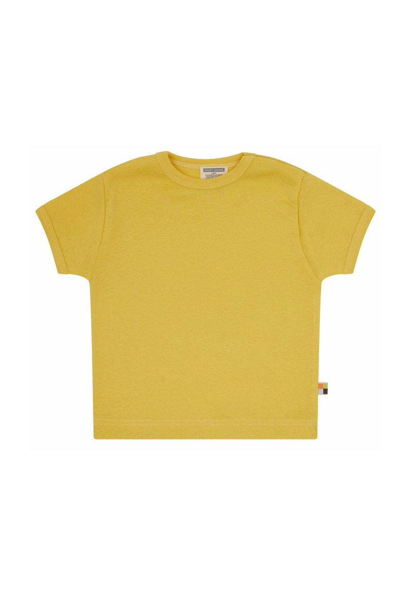 T-shirt di cotone giallo con maniche corte, scollatura rotonda e un piccolo etichetta multicolore di lato. Tessuto liscio e vestibilità rilassata.