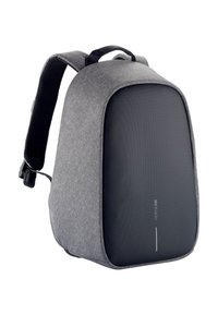 Zaino in tessuto grigio con forma rettangolare, pannello nero liscio sulla parte frontale, spallacci imbottiti e un design elegante e minimalista.