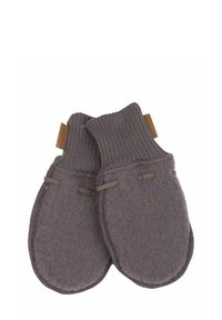 Mănuși gri din material moale, cu manșete cu nervuri, accentuate cu detalii din piele și cusături decorative. Textură netedă, formă rotundă pentru căldură și confort.