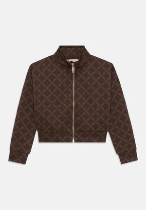 Veste courte zippée marron avec un motif en chaîne en losanges, dotée d'un col haut, de poignets côtelés et d'un détail de zipper doré.