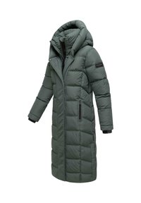 Green padded coat with a long silhouette, large hood, quilted design, and black accents. Features zippered pockets and elastic cuffs.
