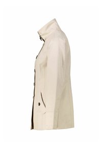Light beige jacket with a collared neckline, front pockets, and dark buttons. Made of smooth fabric with a tailored shape.