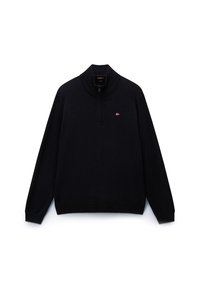 Sort pullover sweater med høj hals, kort lynlås, ribbede cuffs og kant. Har et lille logo på brystet, lavet af et struktureret stof.