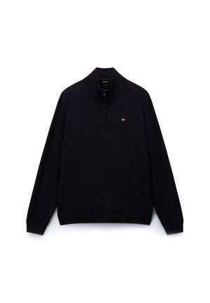 Maglione nero a collo alto, con zip corta, polsini e orlo a coste. Presenta un piccolo logo sul petto, realizzato in un tessuto testurizzato.