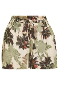 Pantalones cortos de lino con un fondo crema que presenta un estampado de palmeras en verde y marrón. Incluyen una cintura ajustable con lazo.
