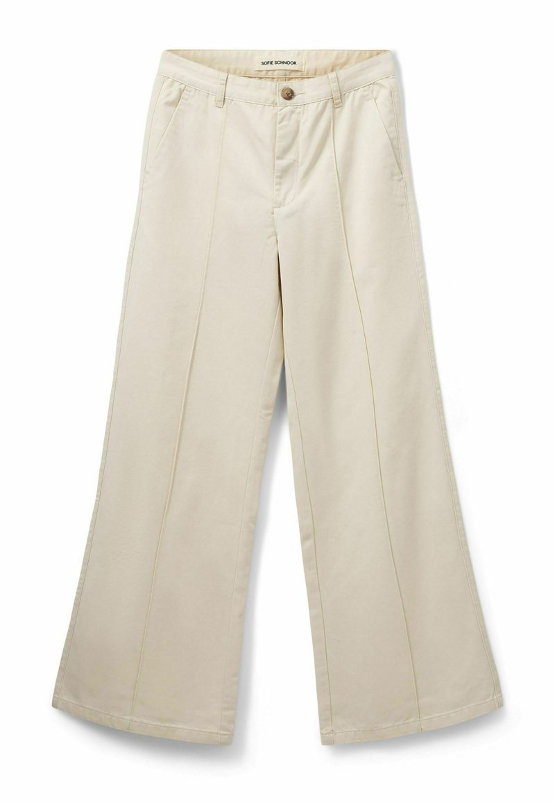 Beige wide-leg pants with front pleats, belt loops, button closure, and side pockets on a white background.