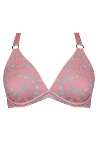 Szary biustonosz w kwiatowy wzór z koralowymi akcentami, z trójkątnym kształtem miseczek i regulowanymi ramiączkami z metalowymi elementami.